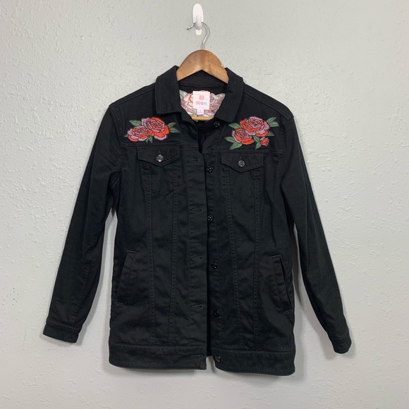 LuLaRoe Jackets & Blazers - LULAROE Rose Embroidered Black Jean Jacket Size S
